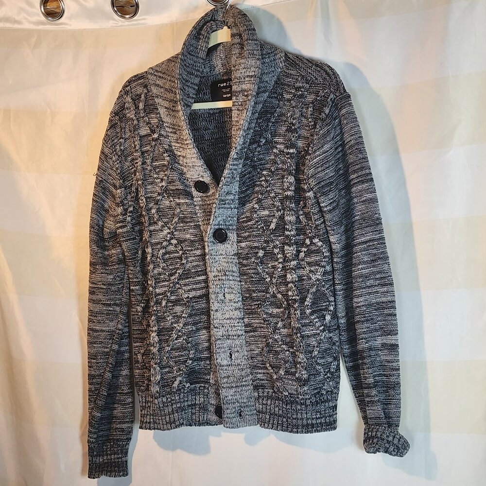 Rue21 Grey Black Heather Thick Woven Cable Knit Big Button Detail LS Cardigan L